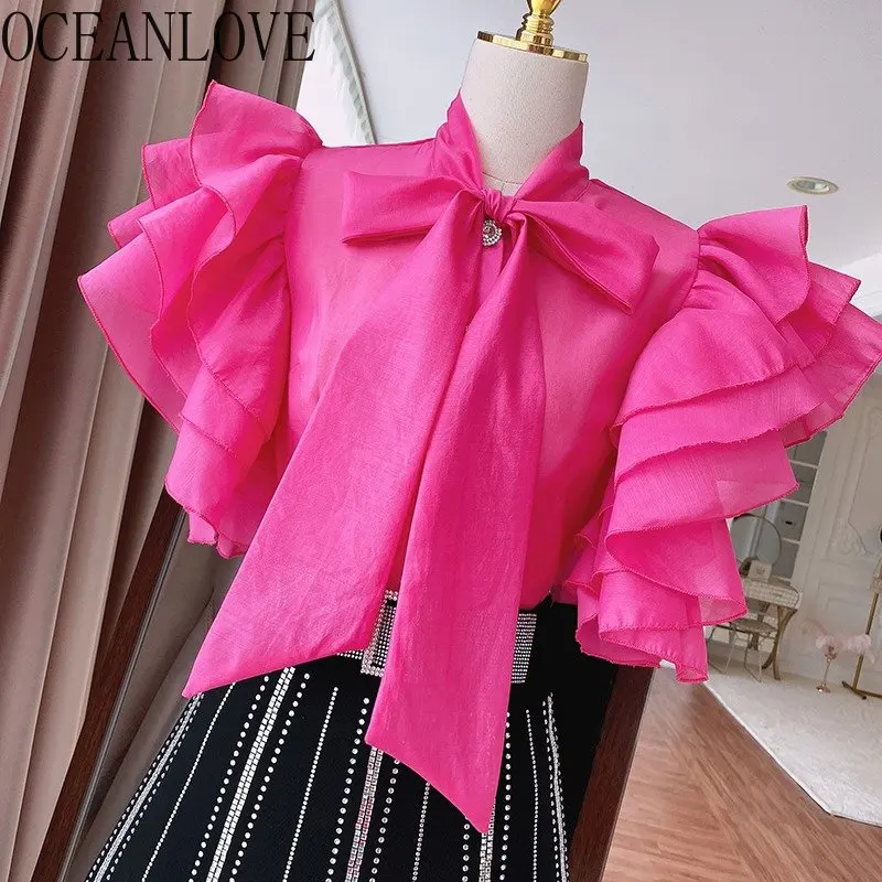 OCEANLOVE Shirts&blouses Stand Collar Solid Ruffles Lace Up Bow Elegant Women Tops Summer Korean Fashion Vintage Blusas Mujer