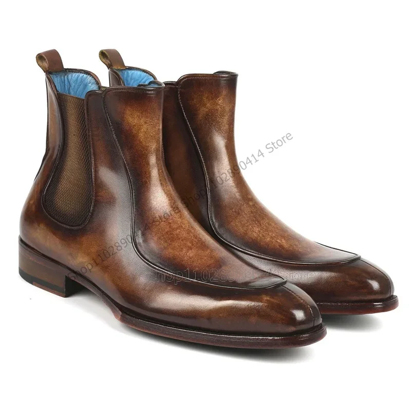 

Brown Black Gradient Color Sewing Design Boots Fashion Slip On Men Shoes Luxury Handcraft Party Banquet Office Men Dress Shoes