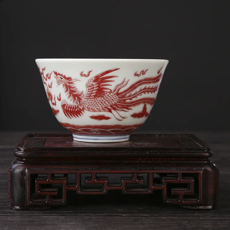 

3.3" Good Chinese Qing Red Colour Porcelain Auspicious Animal Dragon Phoenix Cup
