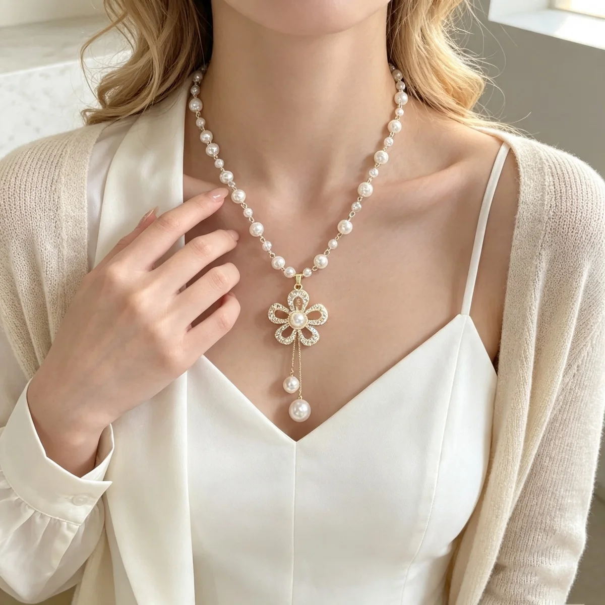 Elegante französische Strass-Perlenblumen-Halskette mit langer Kette für Damen und Herren, zarte florale Quasten-Choker-Schmuckstücke – Detail 7