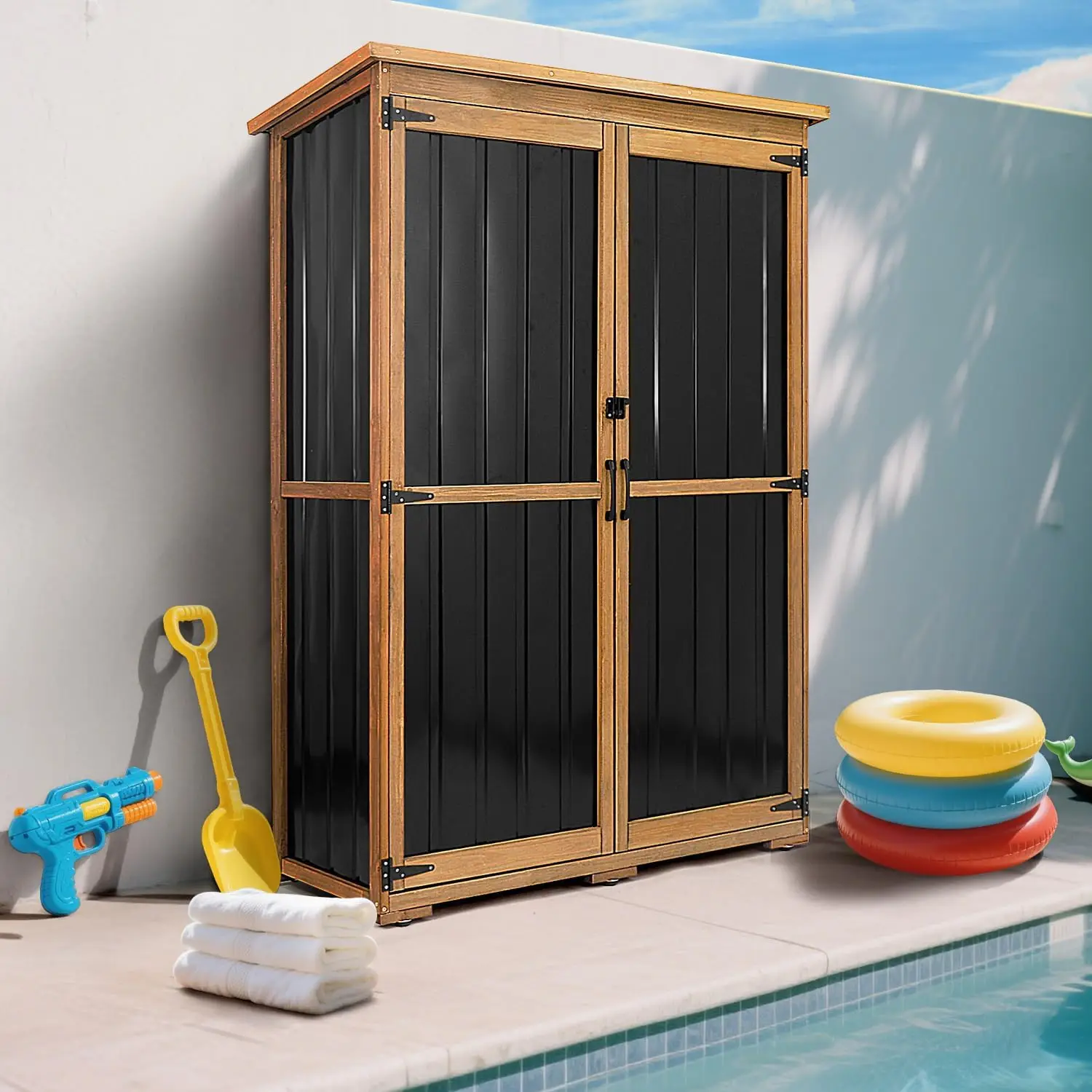 

Petscosset Outdoor Черный прочный сарай для хранения, деревянный садовый шкаф для инструментов