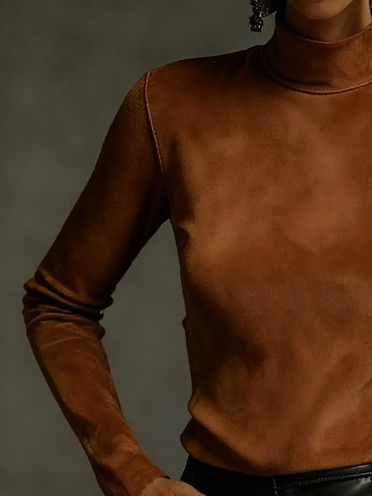 UOOZEE Women's Vintage Brown Suede Stand Collar Tops Solid Color Slim Fit Casual Elegant Basic T-Shirt For Spring Fall 2026 New