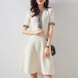Women's French Vintage Polo Collar Knitted Dress, Summer Celebrity, Contrast Color, Soft A Line Knit, Elegant Female Dress