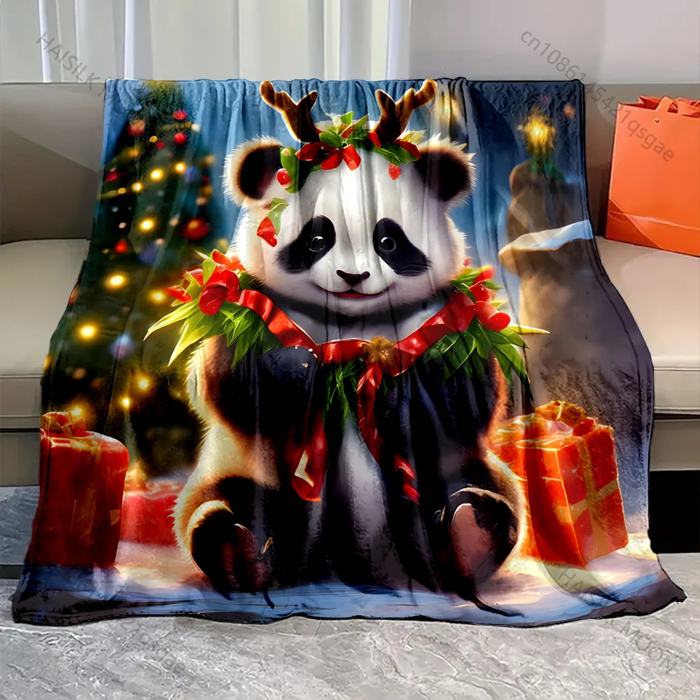 1PC Festive Panda with Christmas Decorations Pattern Blanket Flannel Material Soft Warm for All Seasons Home Outdoor Camping