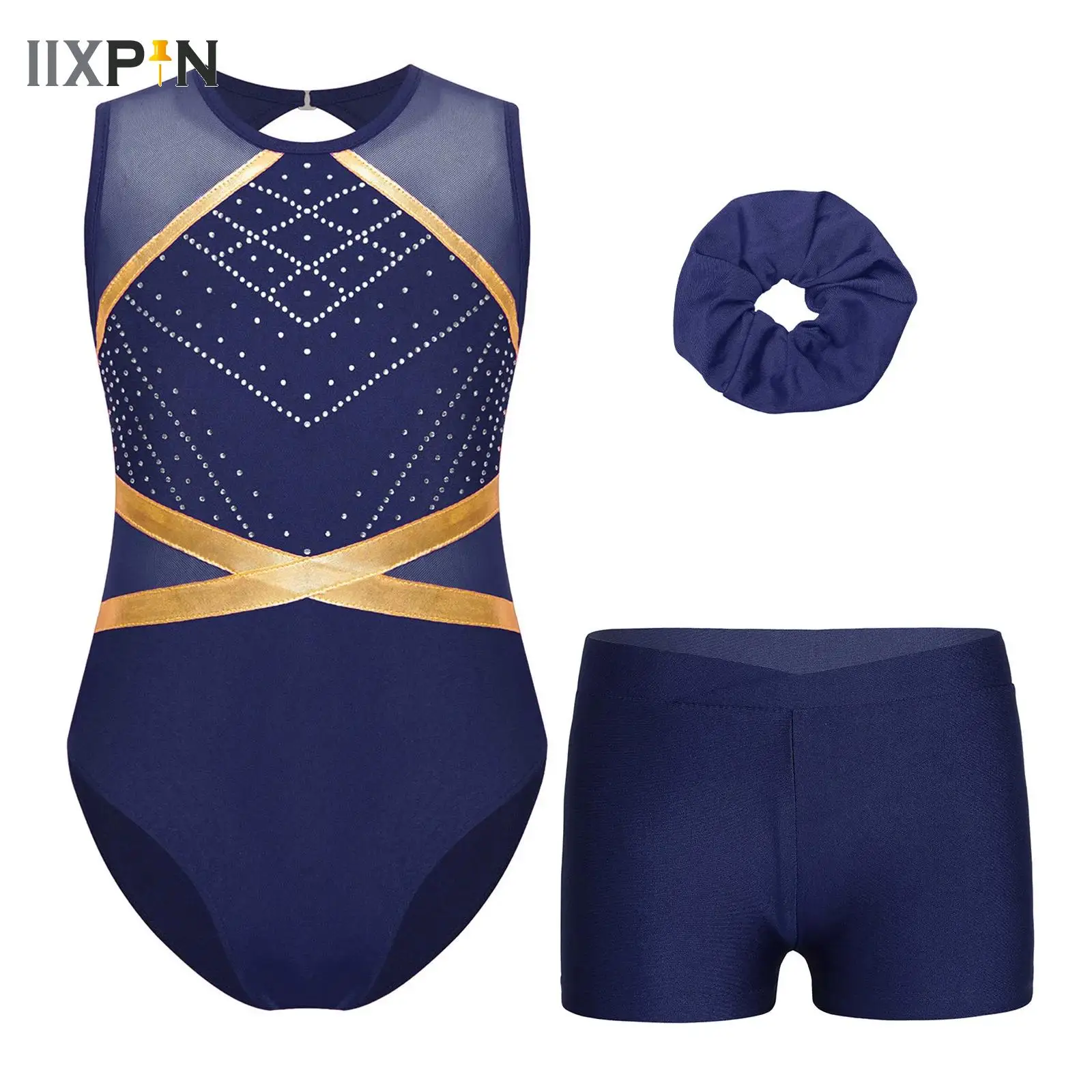 

Kids Girls Ballet Dance Outfits Acrobatics Rhythmic Gymnastic Leotard with Shorts Headwear Set Figure Skating Bodysuit Dancewear