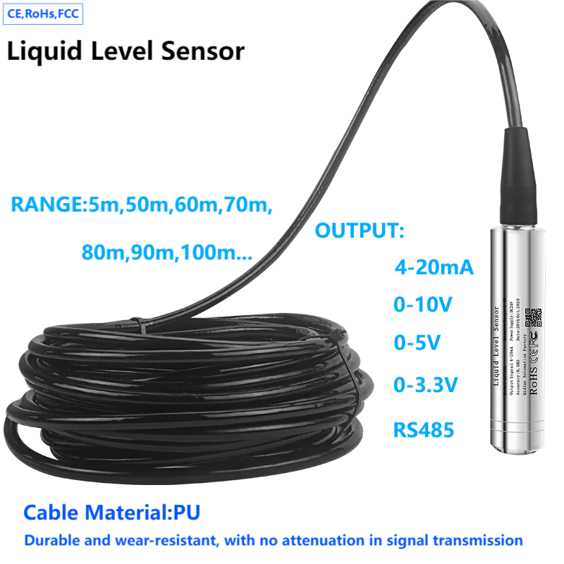 

100M Range Hydrostatic Liquid Level Transmitter 4-20mA 0-10V 0-3.3V RS485 Output Water Pressure Level Sensor Probe 60M 70M 90M