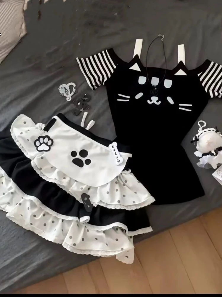 

Japanese Sweet Kawaii 2 Piece Set Women Print Short Sleeve Tops + Polka Dot Cake Skirt New Summer Harajuku Cute JK Fashion Suits