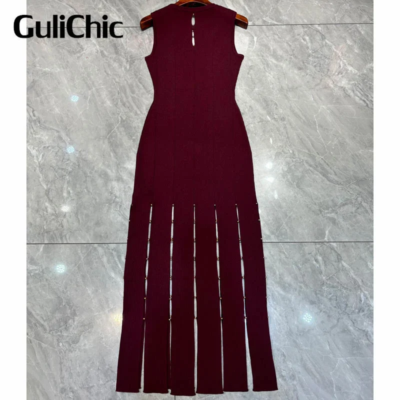 1.25 GuliChic Sexy Hollow Fringe Solid Color Long Dress 2024 Spring and Summer Women O-Neck Sleeveless Stretch Knit Long Dress