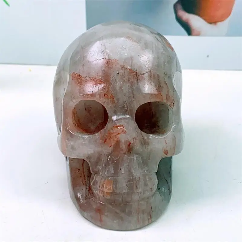 

10CM Natural Red Fire Quartz Hematoid Skull Carving Healing Fengshui Reiki Gemstone Crafts Wicca Decoration Gift 1pcs