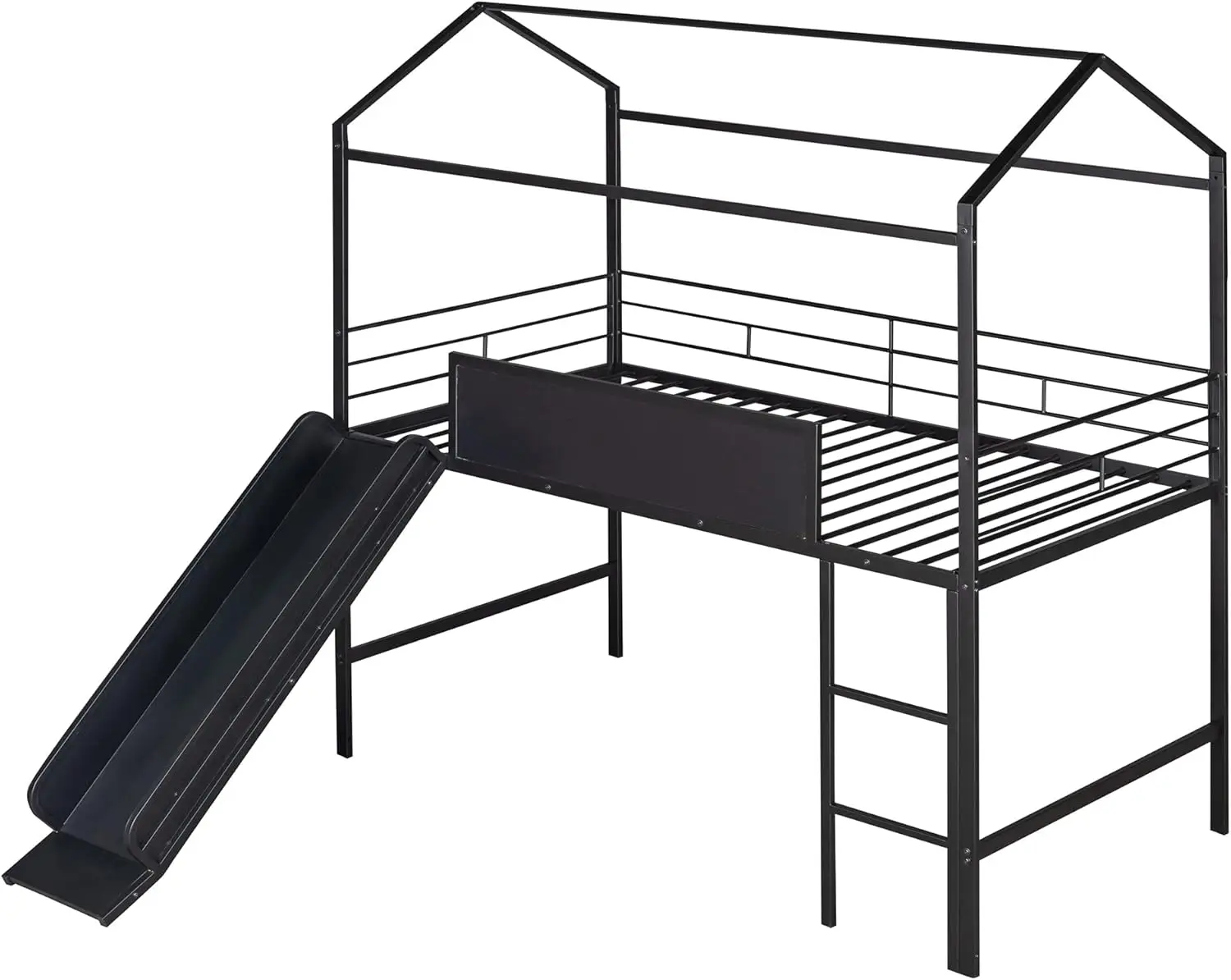 Cama de Casa de Metal con tobogán, cama de Loft de Metal de tamaño doble para niños con tablero de madera grabable de dos lados, Ideal para dormitorio de niños, negro