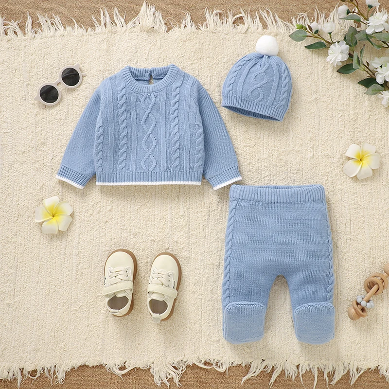 

Baby Clothes Sets Cotton Knit Newborn Pullover Trousers Cap 0-12M Warm Playsuit Infant Boy Girl Sweater Pants Foot Wrap Hat 3pcs