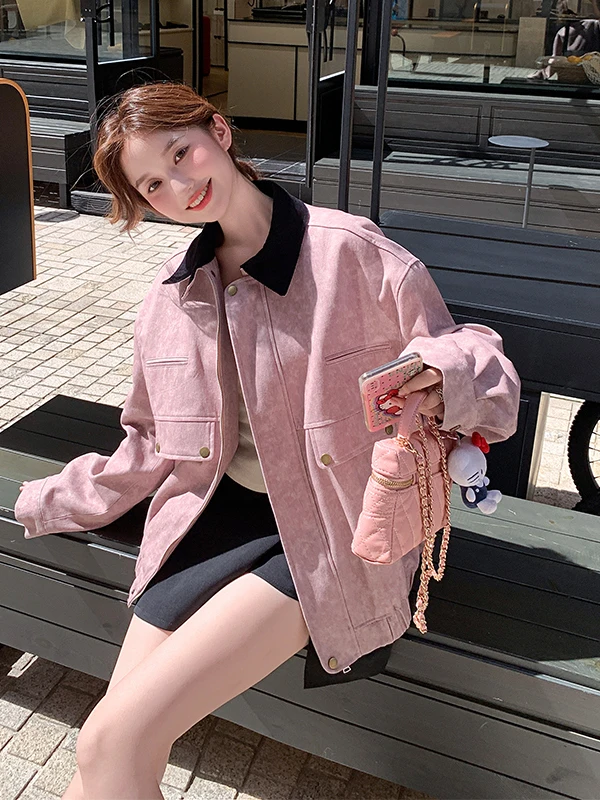 

Pink Contrast Color Workwear Jaet ort Casual Women's Faionable Versatile Top Breathable Polyester Fiber Long Sve Zipper