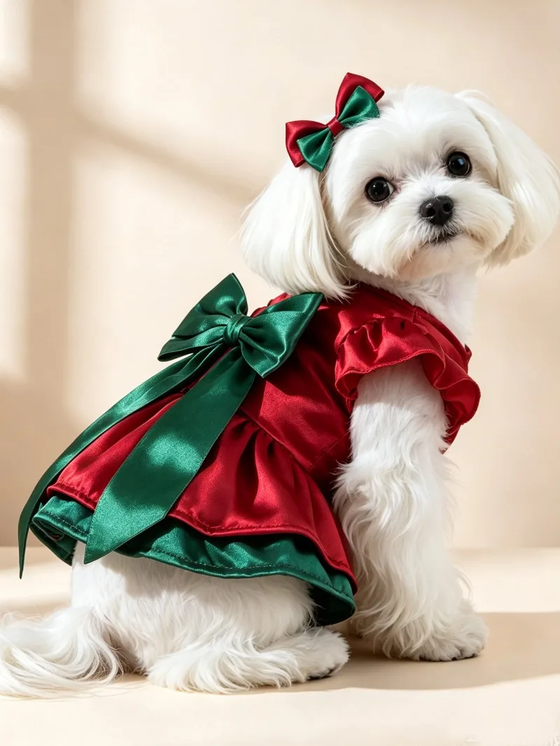 Doppellagiges festliches Kleid mit Schleife für Haustiere, Herbst-Winter-Hundekleidung, Katzenrock, Katzen- und Hundekleid, Haustierbekleidung, Festtagskostüm für Partys – Detail 6