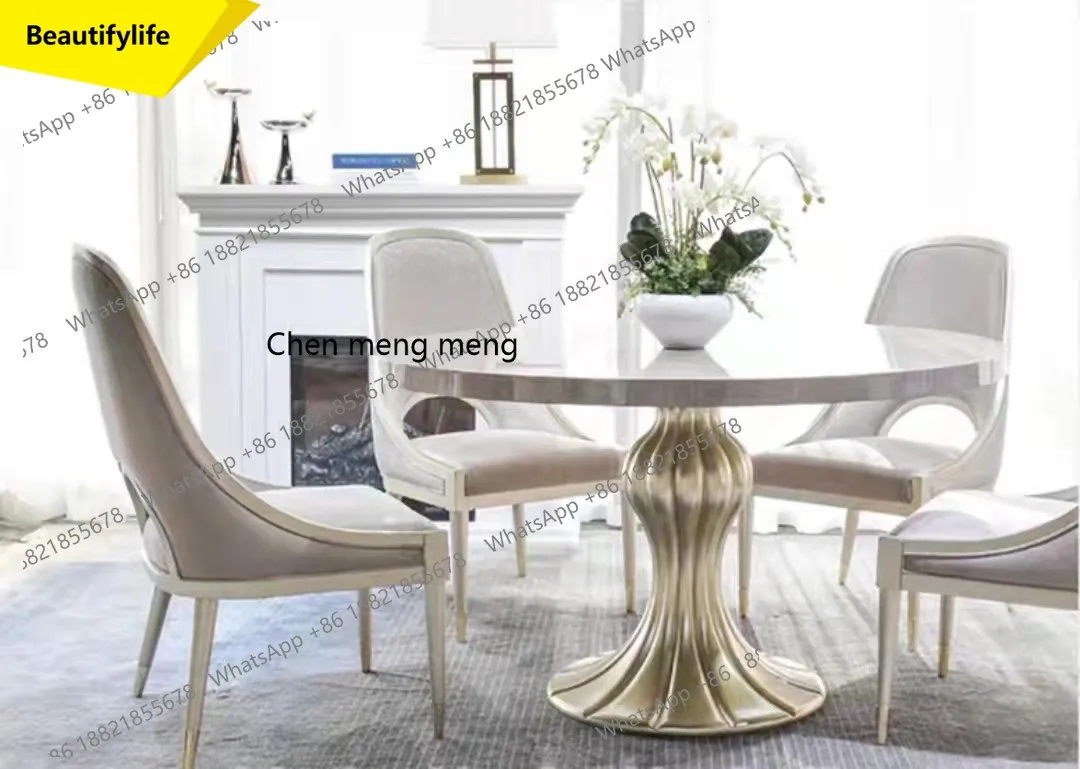 

a38 American Light Luxury Fashion Round Table French Champagne Gold Round Solid Wood Dining Table