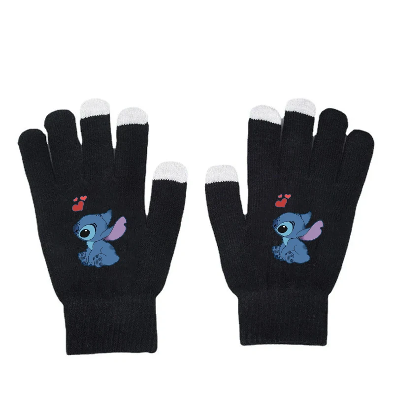 Stitch Angel Kids Knitted Hat Gloves Boys Girls Anime Knit Cap Touchable Screen Gloved Winter Warm Beanies Children X-mas Gift