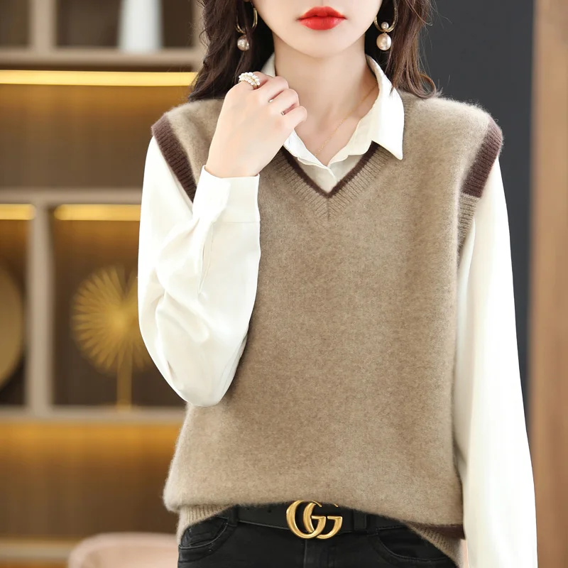 

Basic Fashion 100% Merino Wool Women V-Neck Vest Sweater Pullover Cashmere Comfort Warm Casual Solid Color Soft Clothing Top