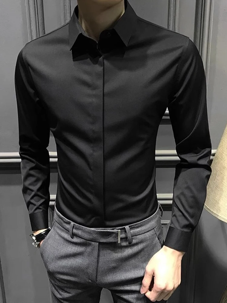 

Long Sleeve Men's Casual Shirt Pure Color Button down Business Casual Spring Autumn New Style High End Feeling Standard Fit