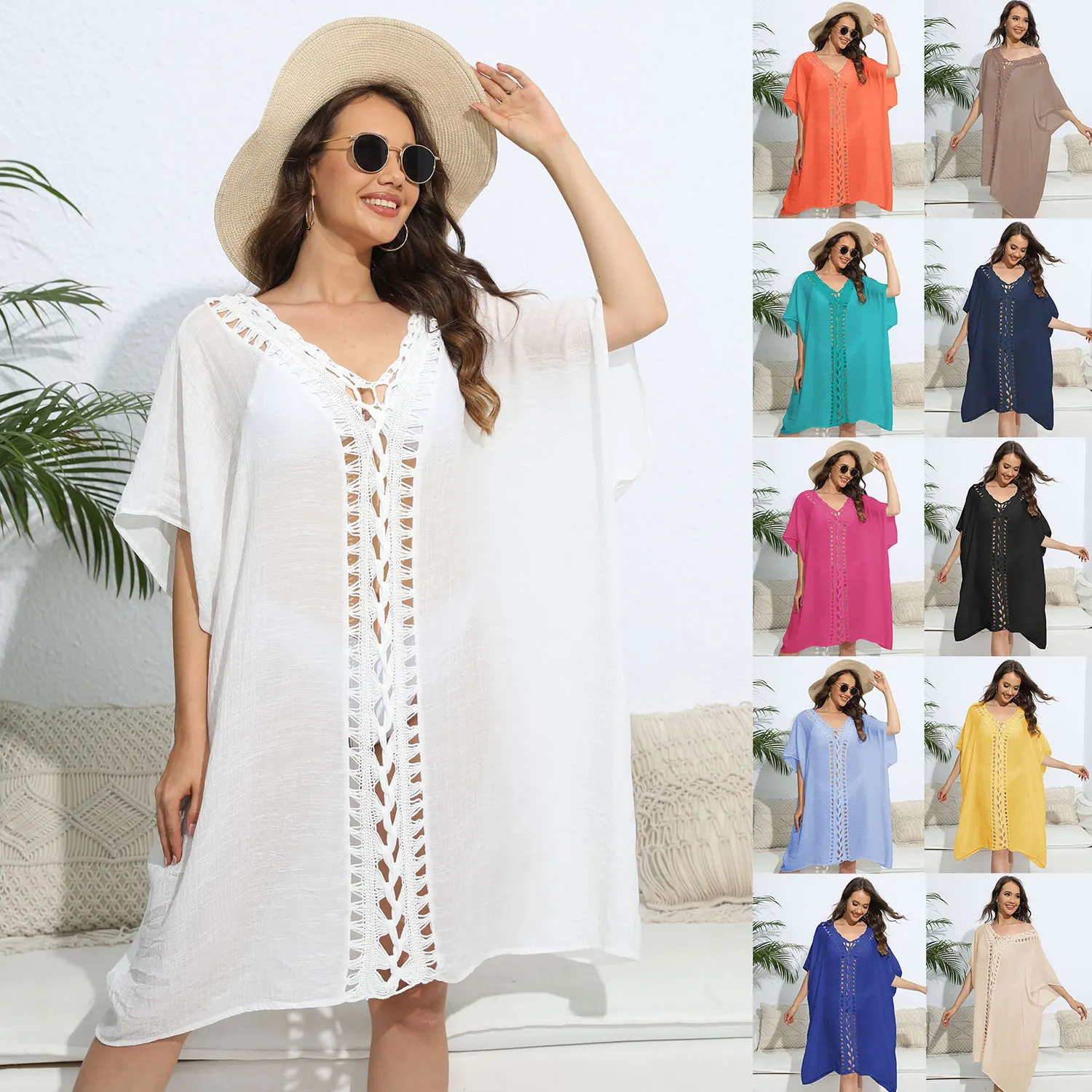 Elegant Hollow Out Handmade Crochet Patchwork Midi Beach Dress Women Swimsuit Bikini Cover Up V Neck Loose Beachwear Tunic Coat