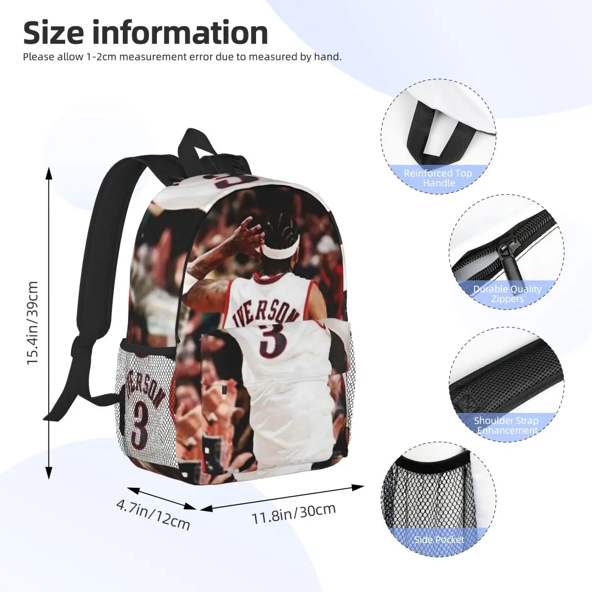 Allen Iverson-Sac à dos pour filles et garçons, design, grande capacité, léger, étanche, étudiant, 15 pouces