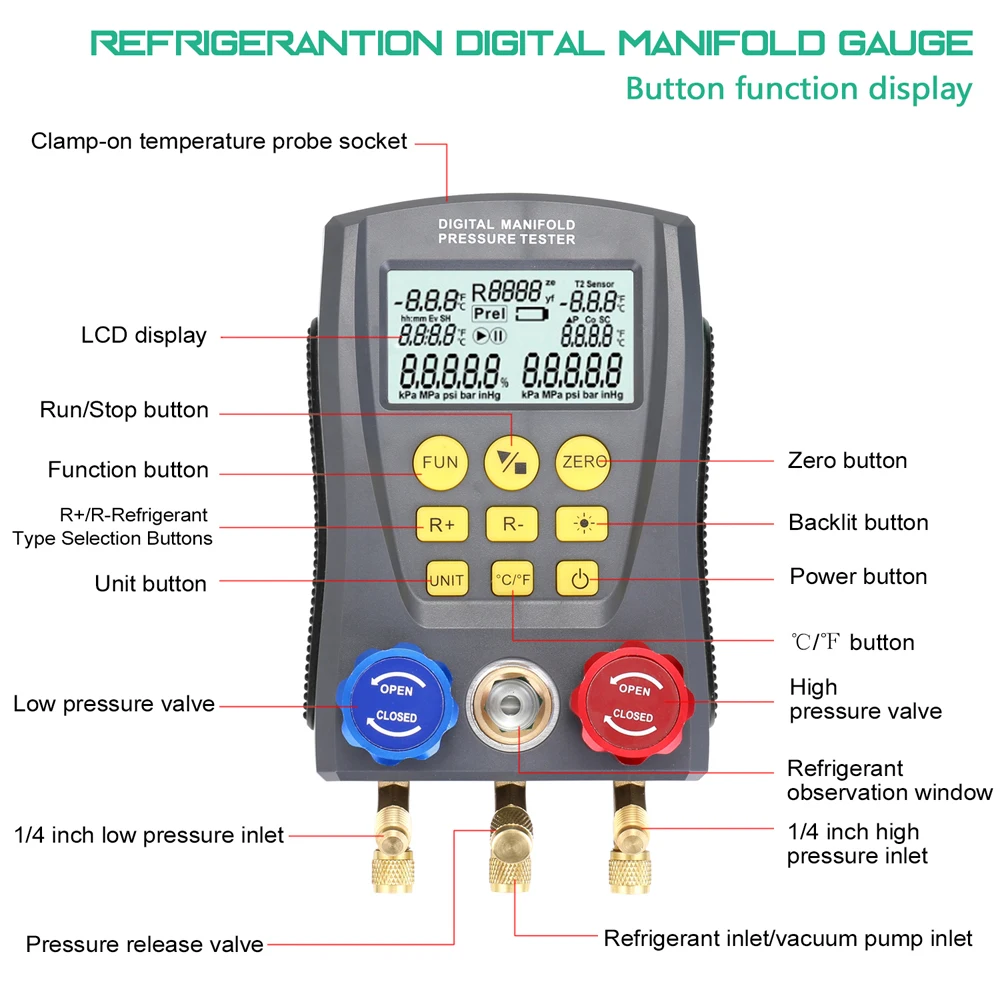 Manometro WZ-0031 refrigerazione Digital Vacuum Pressure collettore Tester aria condizionata Tester di temperatura valvole Tool Kit