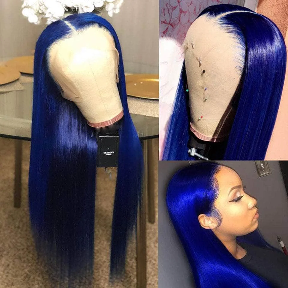 Long Synthetic Mix Dark Blue Lace Wigs for Black Women Straight Lace Front Wig Pre Plucked with Baby Hair Glueless Daily Wigs