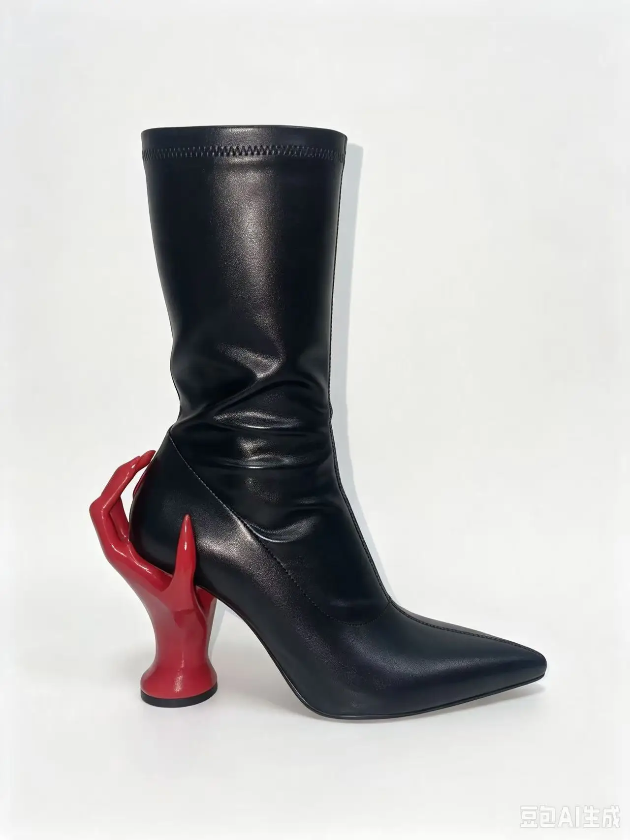 Women PU Pointed Mid Calf Fashion Boots Unique Hand Shaped High Heel Short Booties Four Season Black Shoes  43