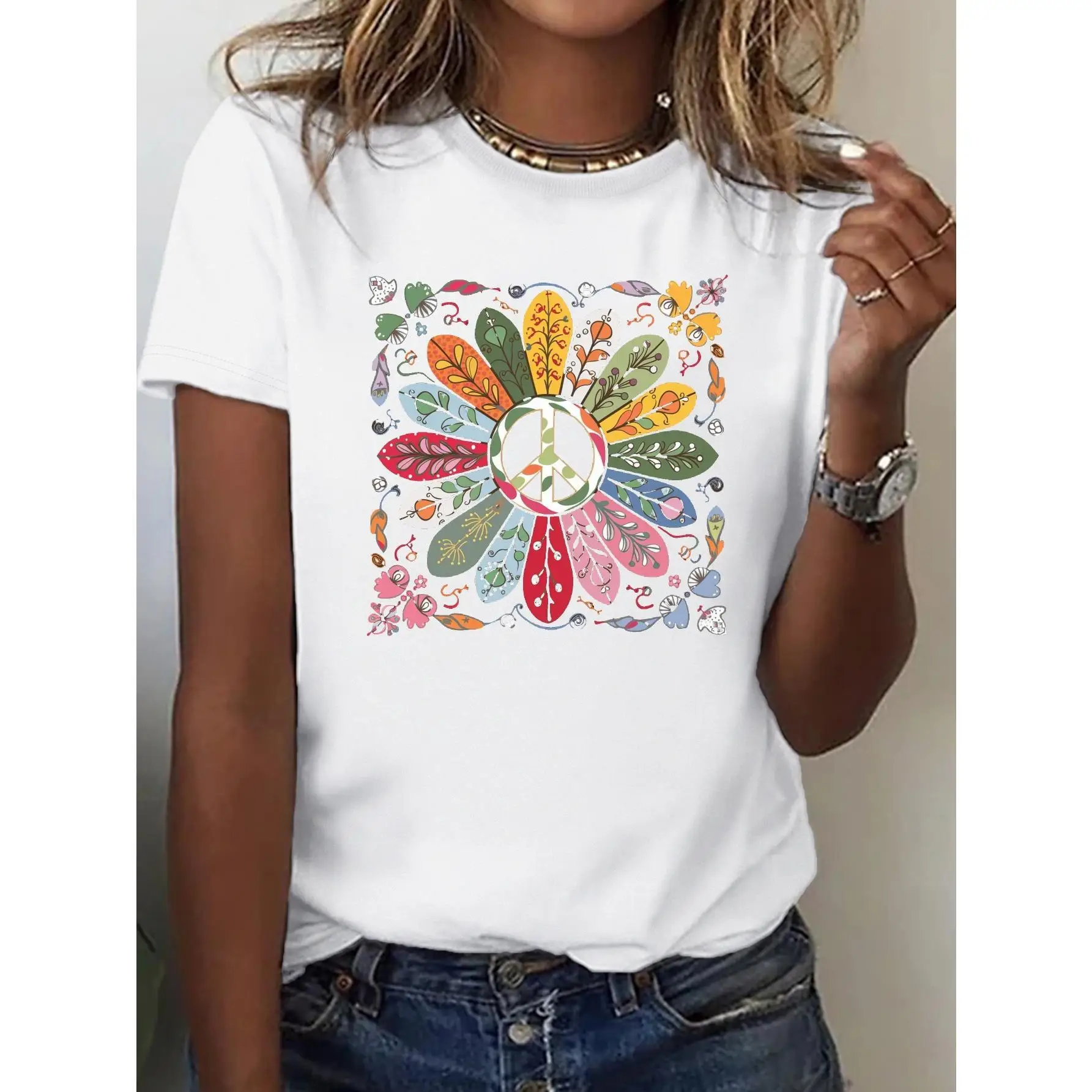 

1pc Peace & Floral Print T-Shirt - Vibrant Geometric Design, Casual Round Neck Short Sleeve Top for Men & Women - Machine Washab
