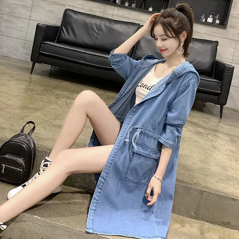 

Ladies Large Size 4XL Cowboy Outwear Spring Autumn Female Medium Long Styles Jeans Coat Women Long Sleeves Denim Trench Jacket