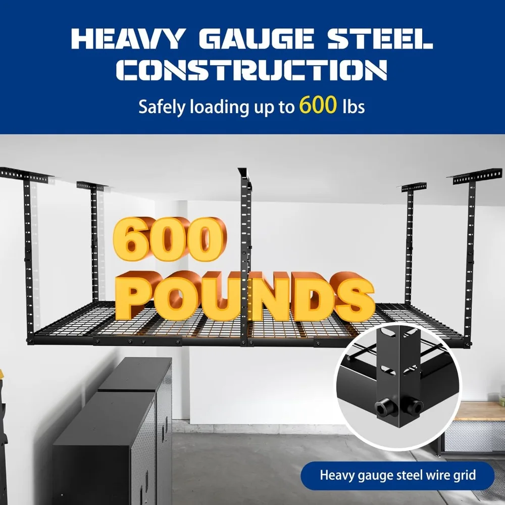 رف تخزين جراج علوي 4 × 8 مع 4 خطافات إضافية - رفوف تخزين سقف جراج شديدة التحمل قابلة للتعديل (22-40)، تحمل 600 رطلاً