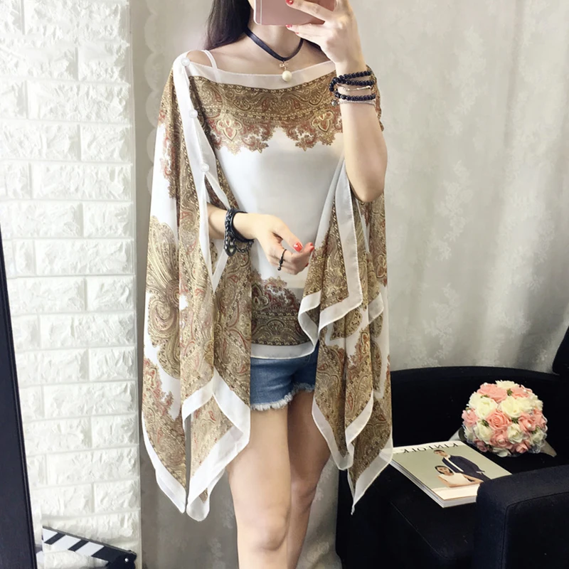 Fashion Woman Chiffon Blouse Swimsuit Sarong Printed Sunscreen Shawl Soft Loose Bikini Cover Up Beachwear Beach Accessories