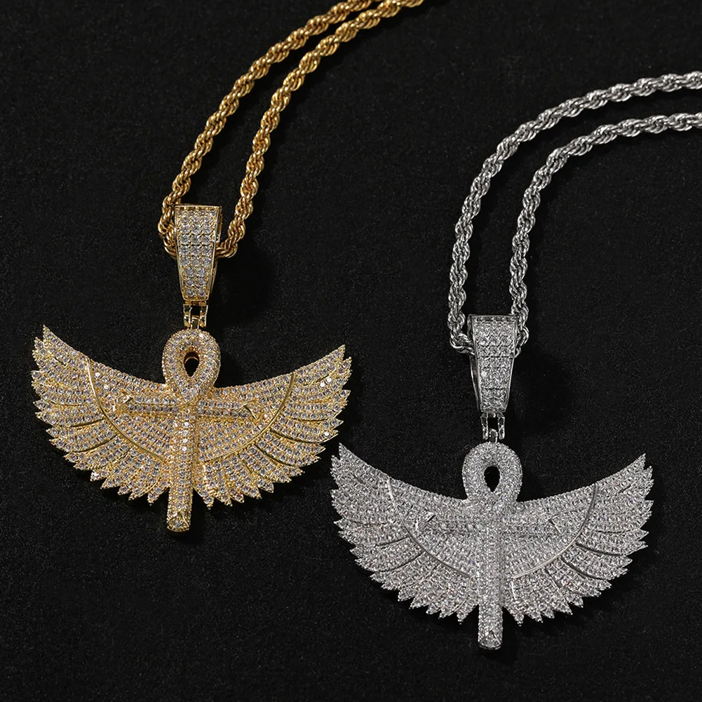 

Hip-hop new style large wing cross pendant with full diamonds, cool and stylish men's necklace