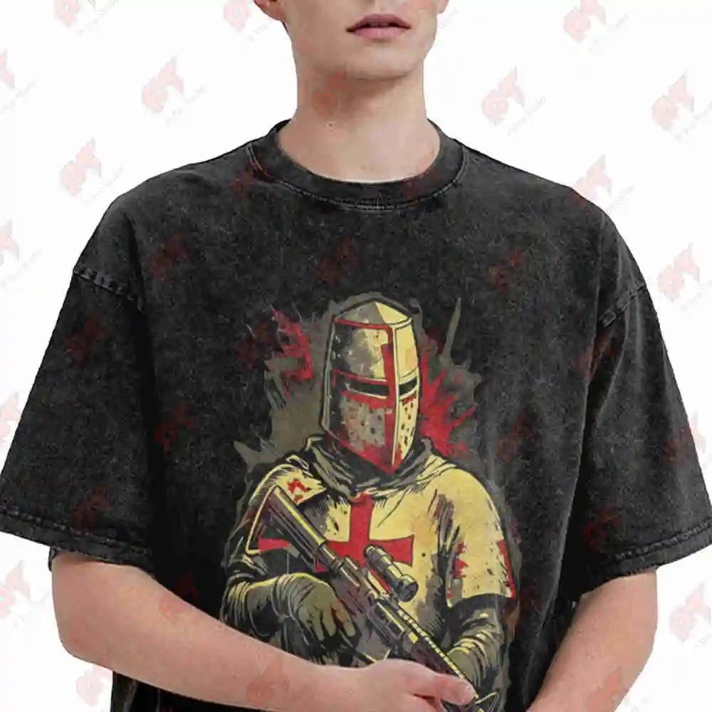 Catholic Knight Templar Crusader Cross Vintage Washed Tee Pure Cotton T-Shirt