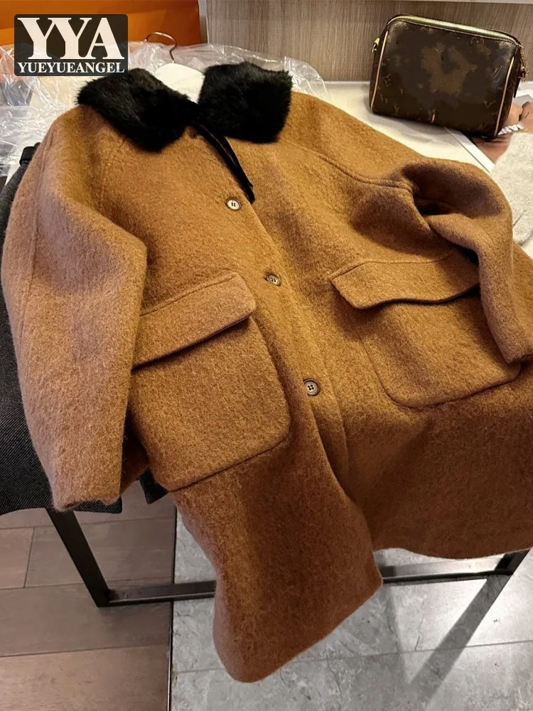 Autumn Winter Women Versatile Single Breasted Thick Woolen Coat Turndown Collar Designer Loose Fit Casual Mid Long Length Jacket