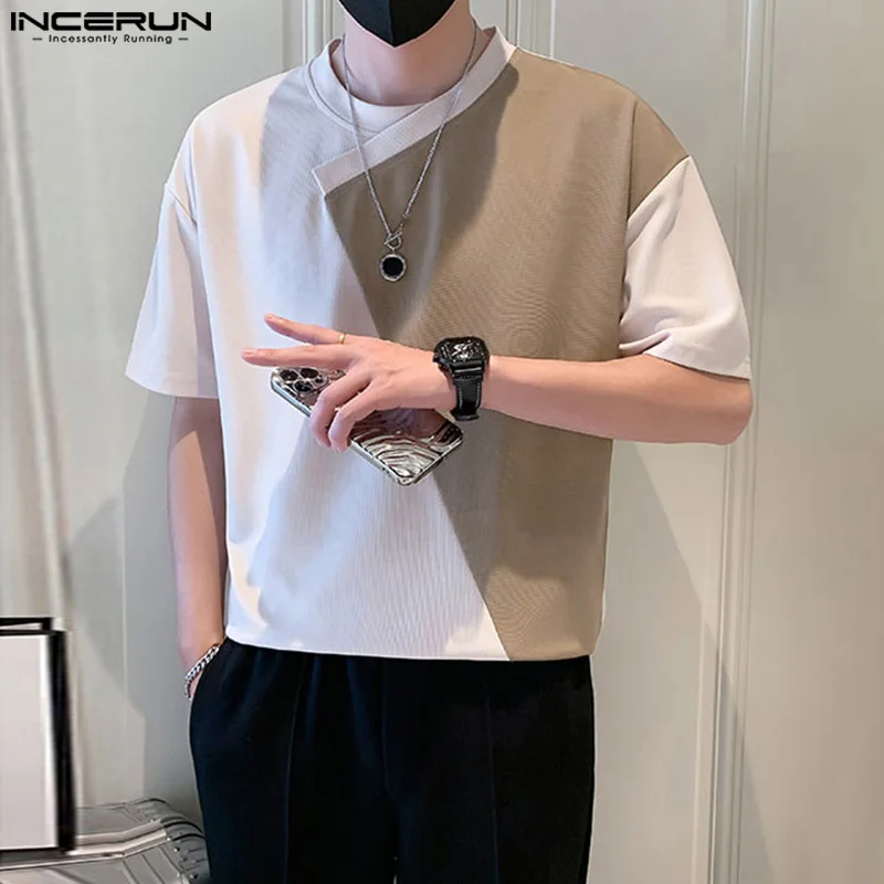 INCERUN Tops 2024 Korean Style Handsome Men\'s O-neck Irregular Patchwork T-shirts Casual Streetwear Short Sleeved Camiseta S-5XL