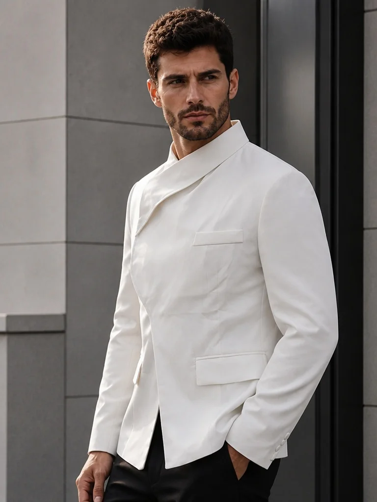Men Asymmetric Stand Collar Blazer White Diagonal Placket Slim Fit Jacket Fashion Suit Coat Wedding Party Stage Formal Outerwear