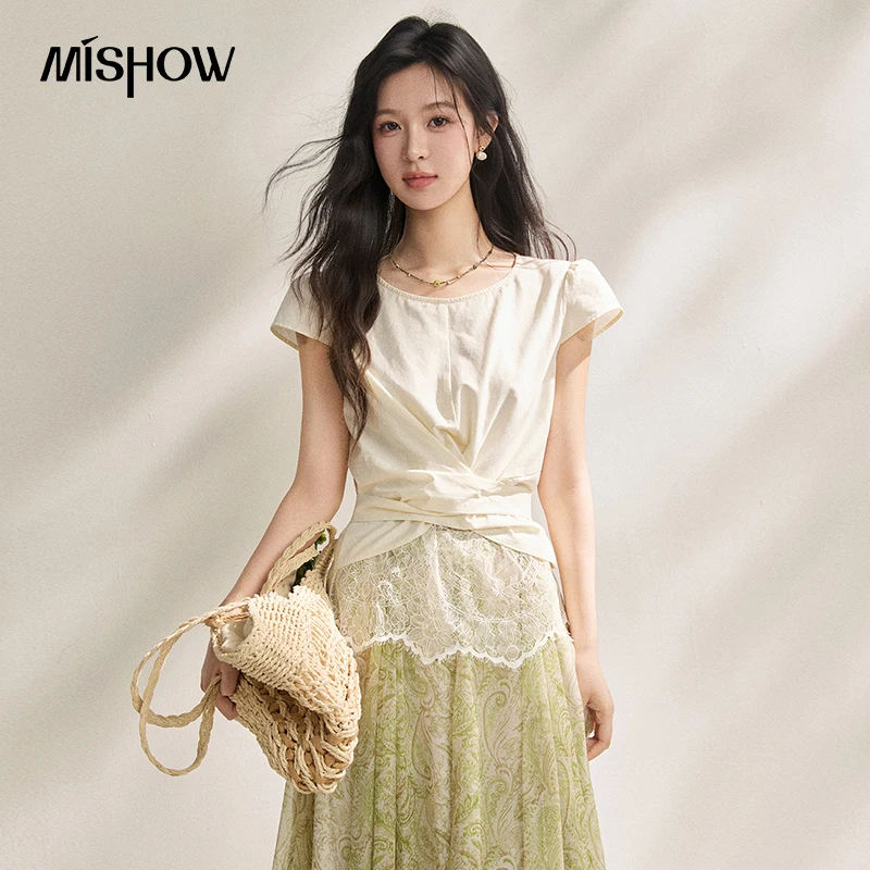 

Новая блузка MISHOW во французском стиле с перекрестным дизайном, утягивающая талию, с кружевными вставками, приталенная, элегантная, с коротким рукавом MXF22X2603