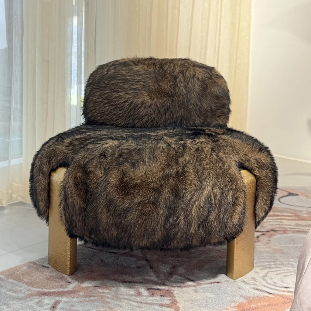 Brass luxury faux fur modern Italian designer handcrafted fluffy soft lounge chair for living rooms and home offices