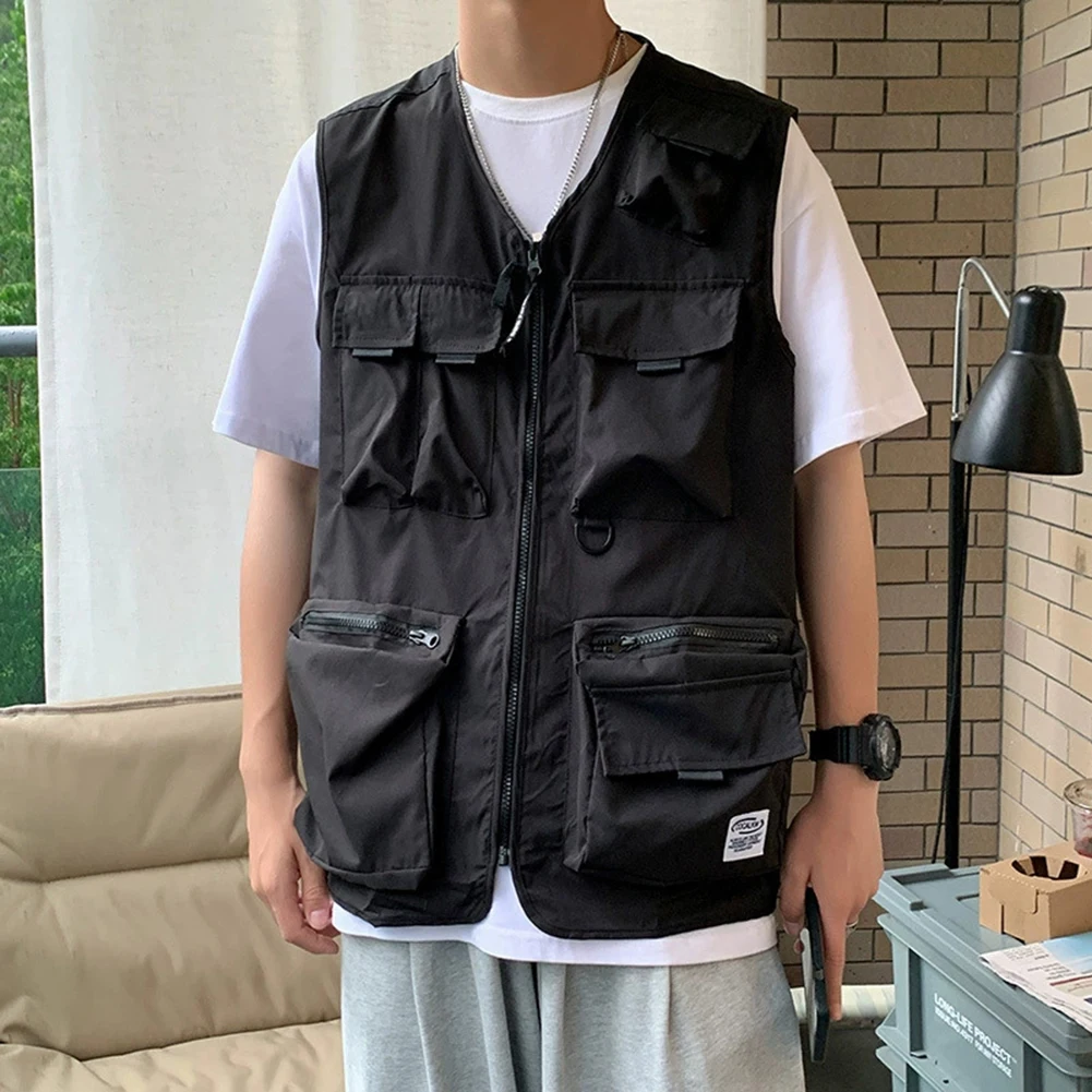 Beach Holiday Outdoor Activities 3XL Black Summer Waistcoat Multi-pocket Sleeveless Vest Regular Clothing Length V Neck Design