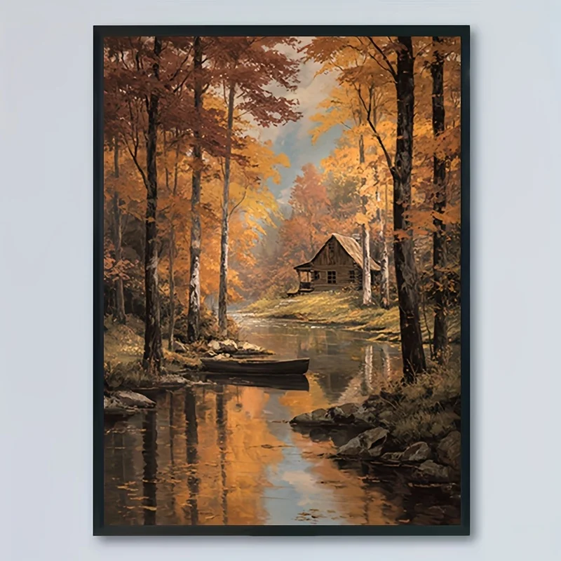 2D Flat, 2D Flat, 1pc Frameless 2D Flat Canvas Art, Multi-Size Specification Cozy Cottage And Serene Lake View Vertical Wall