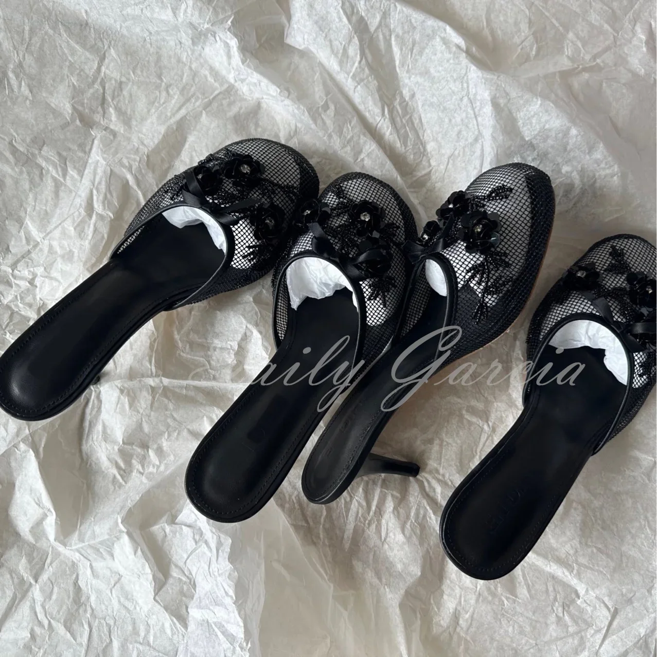 Pink Mesh Sequin Slide Beaded Chinese Slippers Floral Embellished Shoes Summer Round Toe Wine Glass Heel Black Low Heel Mules