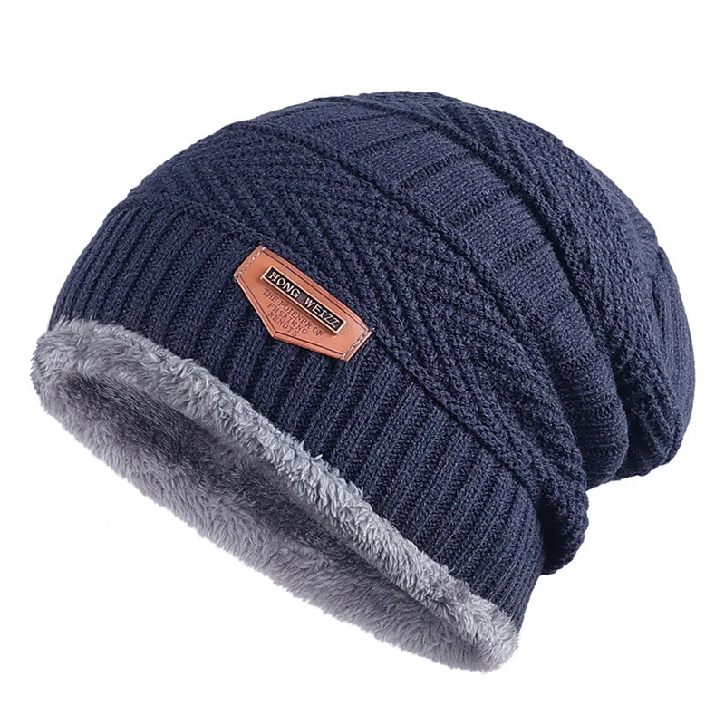 Men Winter Snow Hat Polyester Fleece Inside Thermal Slouchy Beanie Knit Skull Cap Outdoor Sports