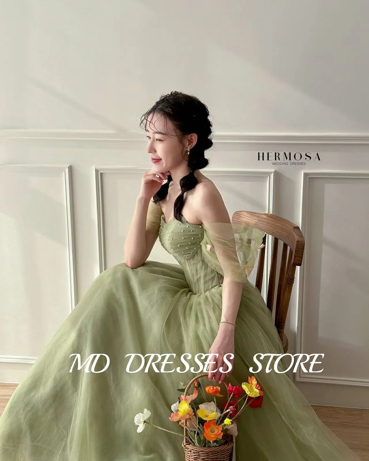 MD Simple Green Wedding Dress A-line Sweetheart Off Shoulder Pearl Korea PhotoShoot Evening Floor-Length Prom Gown Customised