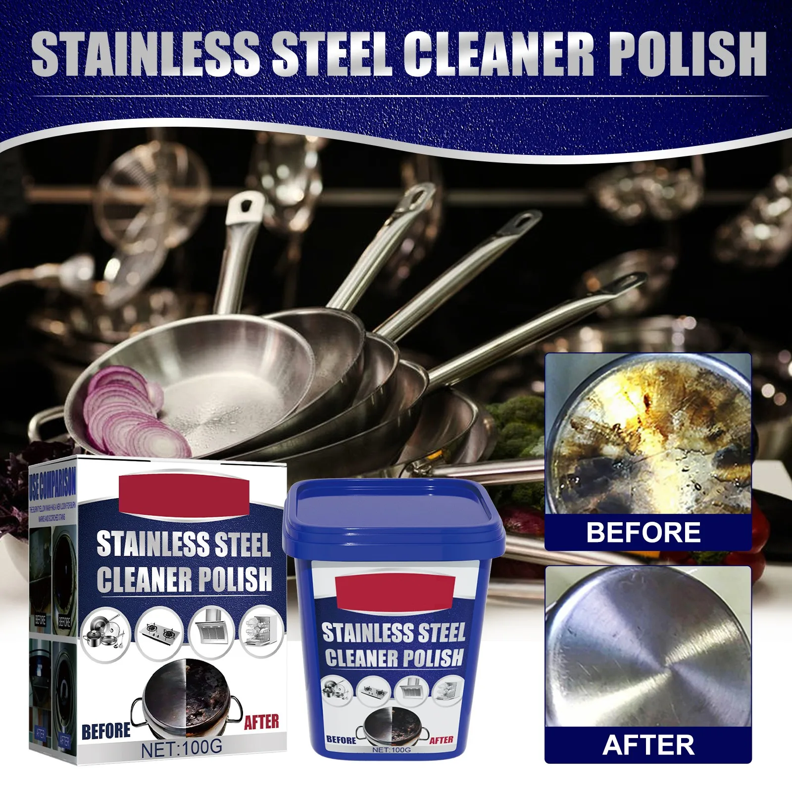 Reinigungspaste aus Edelstahl für die Küche, Fleckenentfernung, Töpfe und Pfannen, rostige Töpfe und Pfannen, Reinigungspaste für den Herd, schwarze Skala