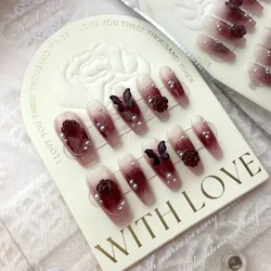 10pcs Handmade 3d Butterfly Flower Dark Red False Nails with Design Charms Press on Nails Girls High Quality Fake Nails Luxury