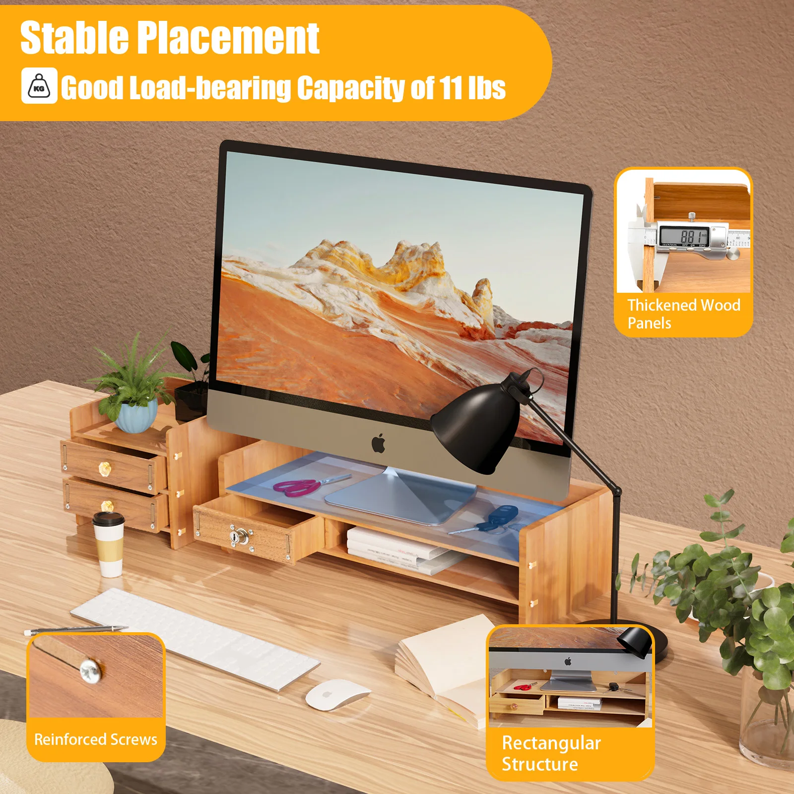 

Wooden Desk Organizer W/ Drawer File Storage Desk Monitor Riser Computer Stand