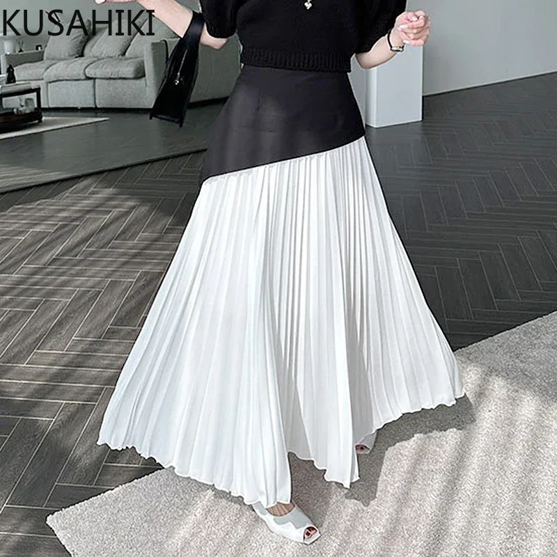 

KUSAHIKI Fashion Hit Color Patchwork High Waisted Long Skirts Causal A-line Women Elegant Korean P;eated Skirt Faldas De Mujer