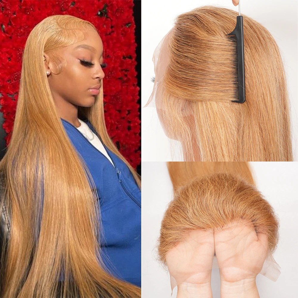 شعر مستعار بشري مفرود أشقر عسلي # 27 لون مستقيم الدانتيل الجبهة الباروكات 200% الكثافة 13x6 HD الدانتيل الجبهة شعر مستعار مستقيم الشعر البشري