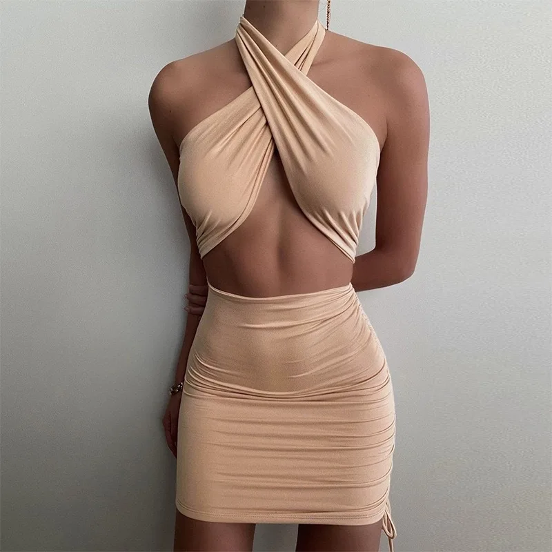 Criss-Cross Hollow Out Halter Dress for Women Autumn Backless Ruched Bodycon Mini Dresses Women's Sexy Sundress Party Clubwear