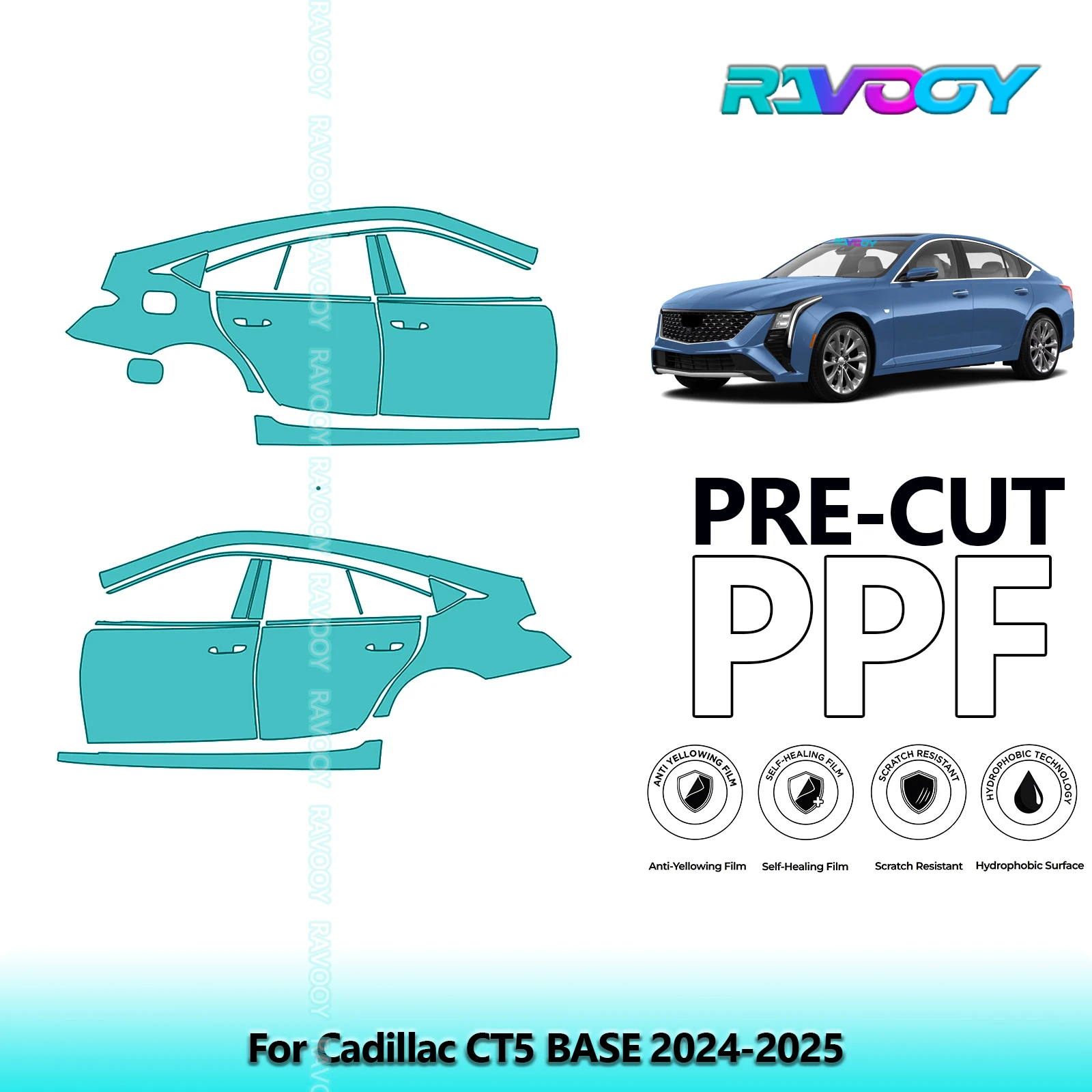 

For Cadillac CT5 BASE 2024-2025 8.5mil Clear Matte Pre-Cut PPF Door & A/B Pillar Kit TPU Paint Protection Film Set