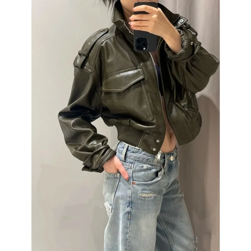 New Autumn Fashion Casual Faux Leather Stand-up Collar Long-sleeved Jacket.distinctive Street Solid-color PU Leather Short Coat.